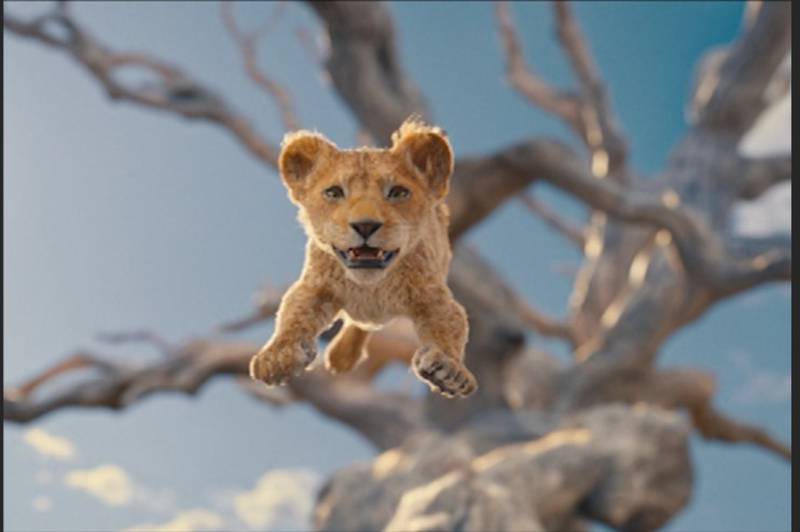 An animated lion cub leaping from a tree.