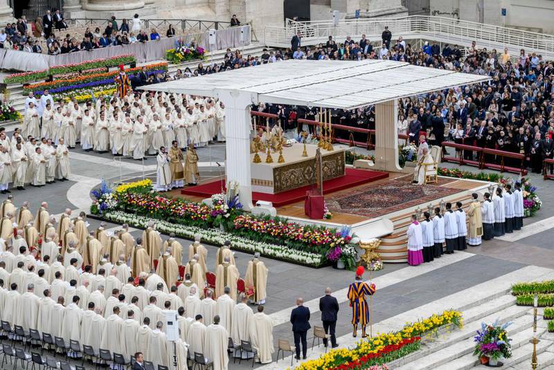 VATICAN CITY, VATICAN - MARCH 31: Pope Francis presides over the Easter Mass at St. Peter's Square on March 31, 2024 in Vatican City, Vatican. Following the Easter Sunday Mass, Pope Francis delivered his Easter message and blessing "To the City and the World," praying especially for the Holy Land, Ukraine, Myanmar, Syria, Lebanon, and Africa, as well as for victims of human trafficking, unborn children, and all experiencing hard times. (Photo by Antonio Masiello/Getty Images)