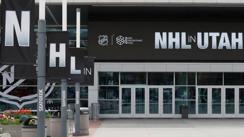 SALT LAKE CITY, UT - APRIL 19: Banners line the main entrance of the Delta Center is seen with the "NHL in Utah" logos on April 19, 2024 in Salt Lake City, Utah. The NHL has allowed the sale of the Arizona Coyotes and the team will relocate to Salt Lake City, Utah. (Photo by Chris Gardner/Getty Images)