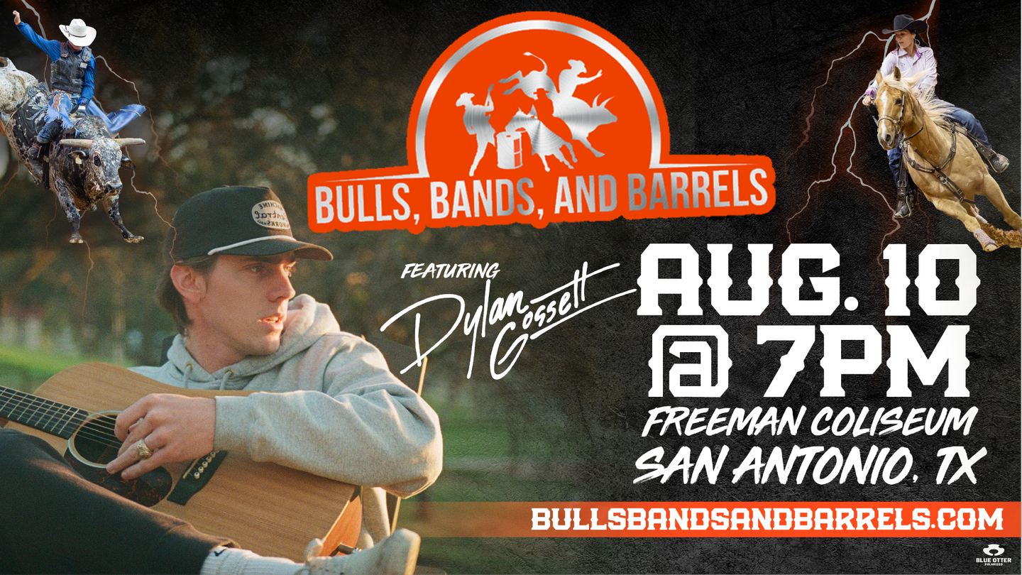 The Bulls, Bands and Barrels Tour featuring live performances by Dylan Gossett and Treaty Oak Revival! August 10th Freeman Coliseum Featuring bull riding, Barrel racing and Freestyle bull fighting!