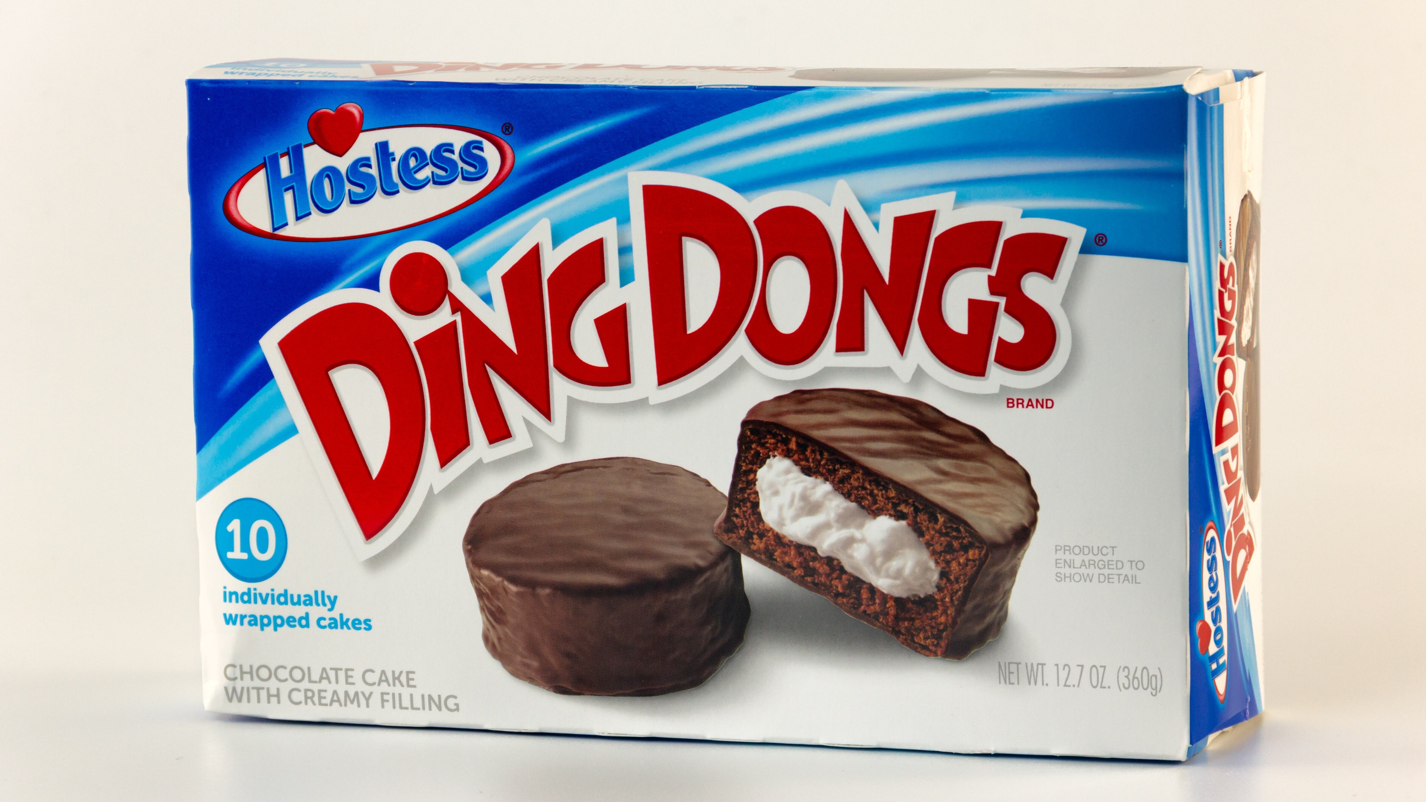 Hostess Ding Dongs, chocolate cakes and trademark logo.