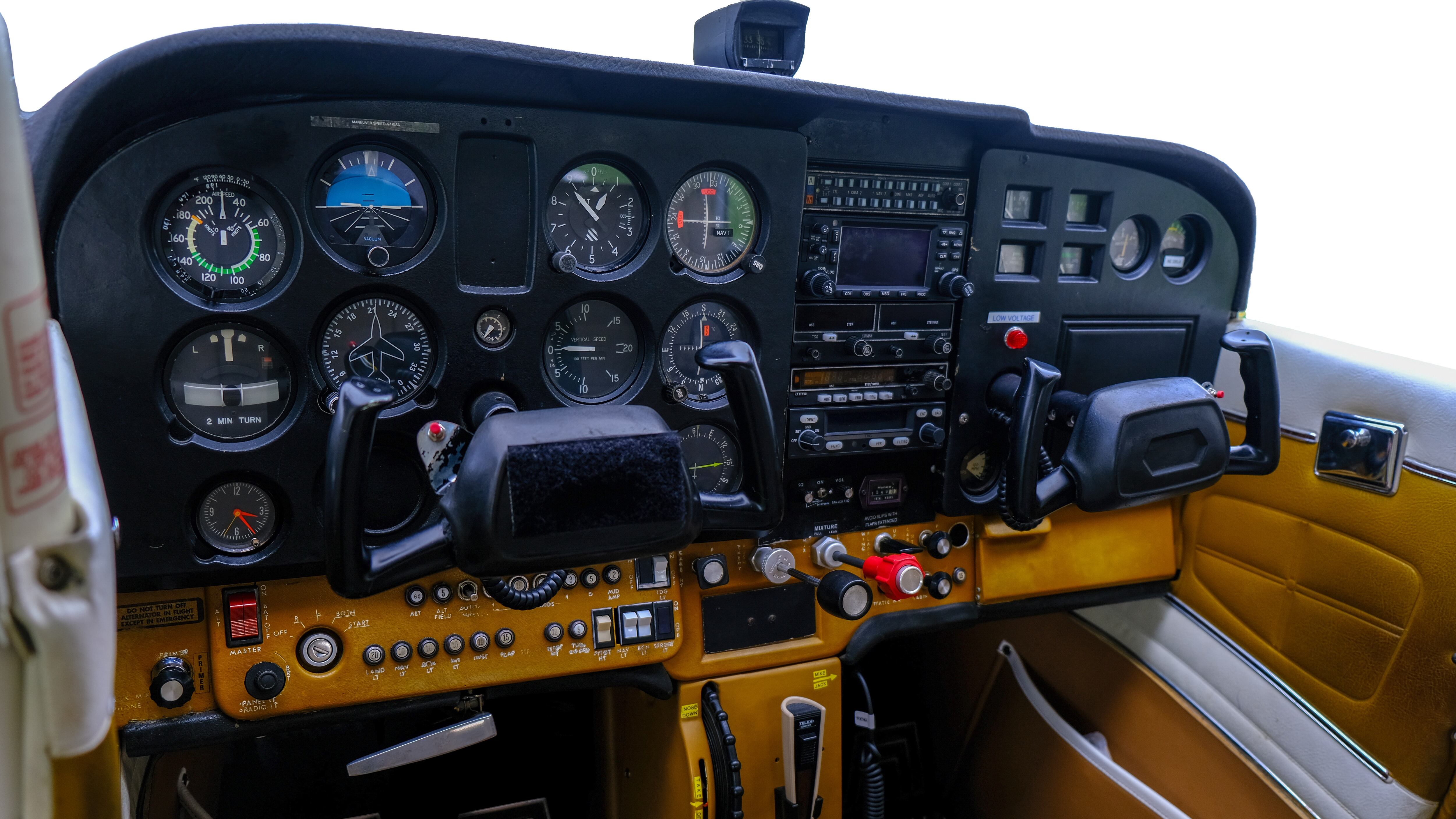 Light sport airplane instrument panel, vintage aircraft cockpit isolated on white