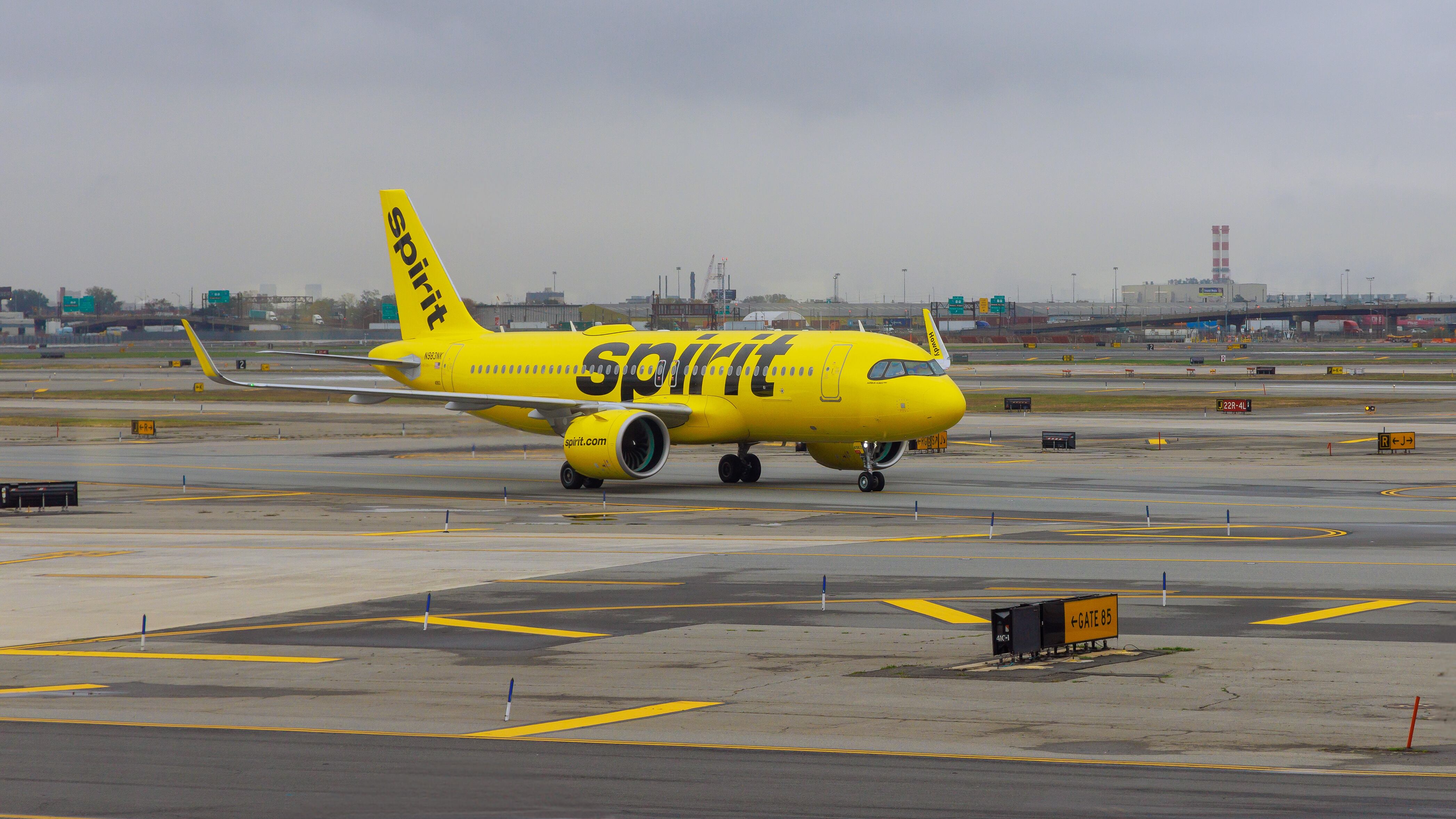 During departure at NEWARK International Airport, passenger plane operated by Spirit Airlines is on runway preparing for takeoff