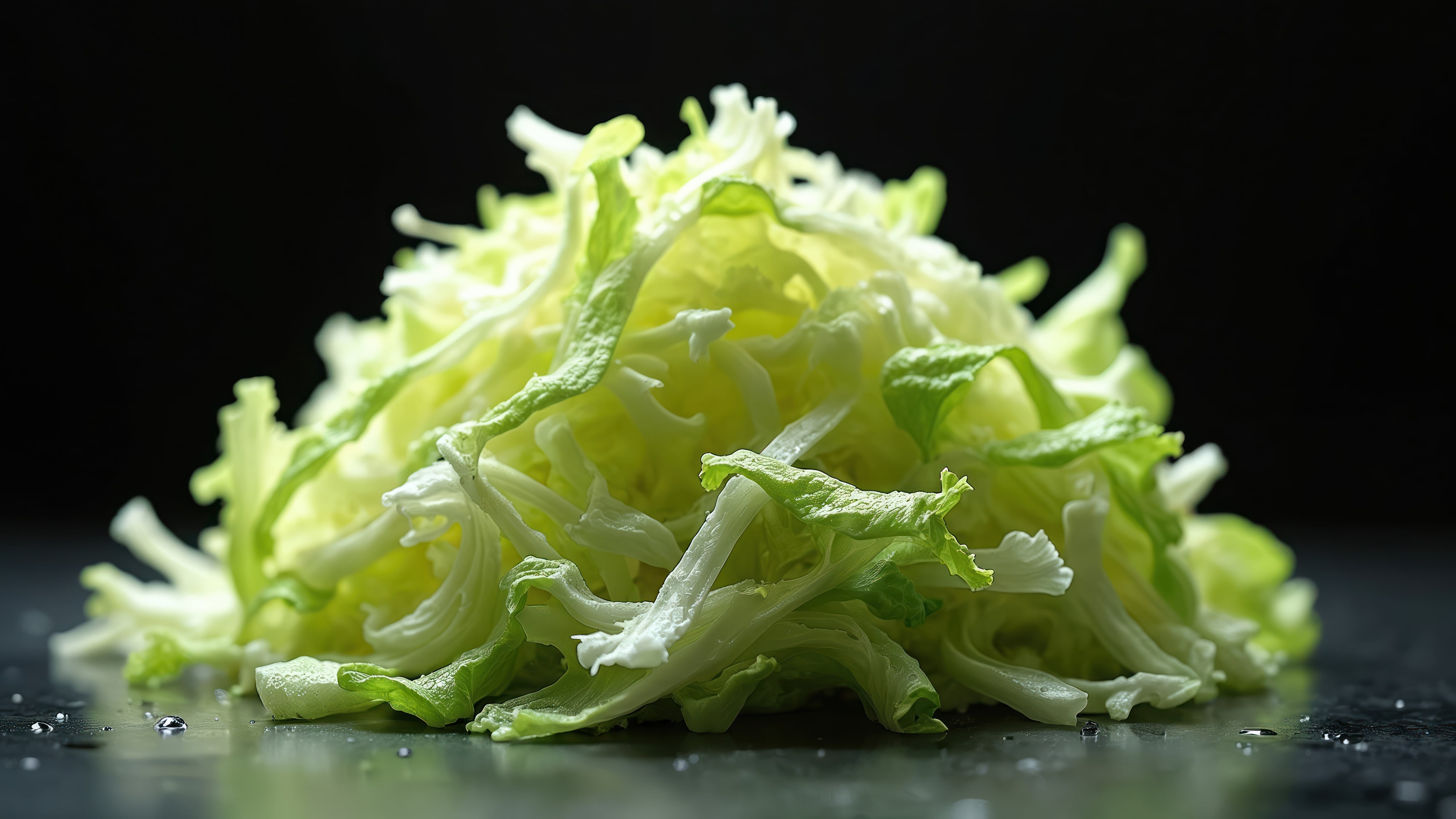 Close-up of shredded lettuce on dark surface.